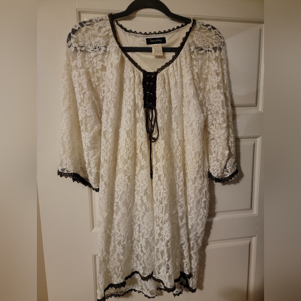 Size Medium- Sassy Bling Cream Lace Blouse